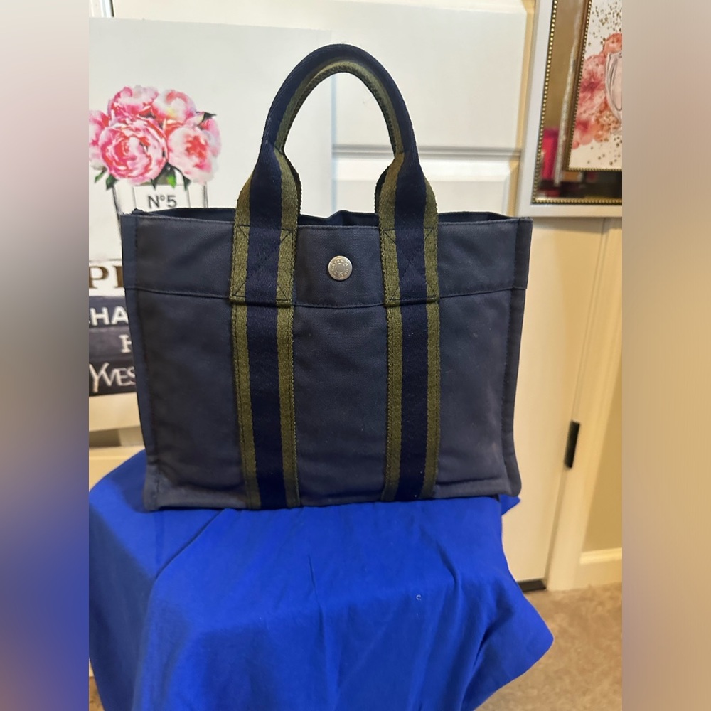100% AUTHENTIC Hermès Navy Toile Fourre Tout PM Small Canvas Tote Bag